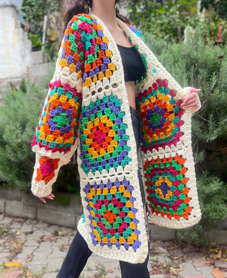 Popular Hand Knit Cardigan, Midi Crochet Afghan Cardigan, Floral ...