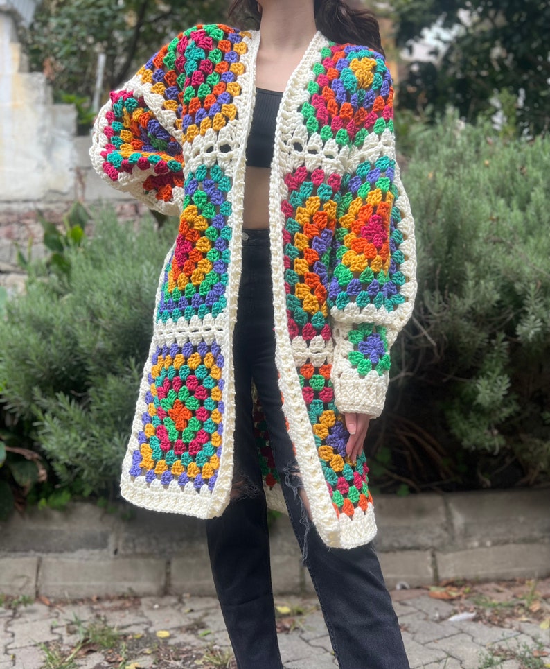 Popular Hand Knit Cardigan, Midi Crochet Afghan Cardigan, Floral ...