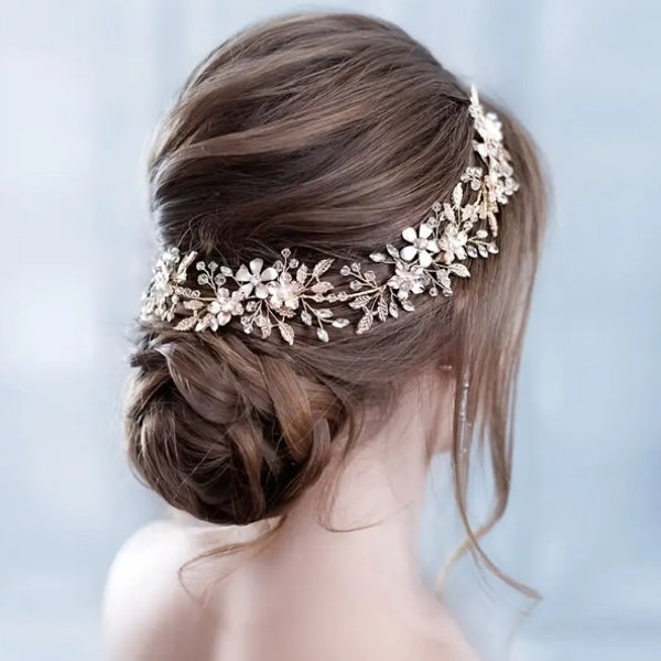 Wedding Pearl Bridal Wreath, Flower Headband, Bride Hair Vines Headwear, Hair Jewelry, Silver Leaf Tiara, Silver Rhinestone Handmade Tiara