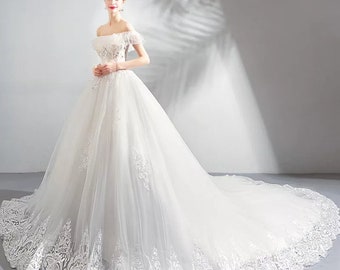 Sienna: Luxury Pearl Beaded Wedding Gown Embroidery Lace Flower off shoulder Plus Size Wedding dresses with Long Train