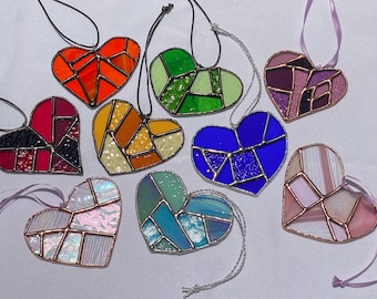 Patchwork Hearts-Stained Glass Suncatchers, Stained Glass Art, 8 colors available
