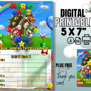 スーパーパーティー マリオ テーマの誕生日パーティー招待状 + 無料のマッチングサンキューカード。印刷可能なデジタルダウンロード。