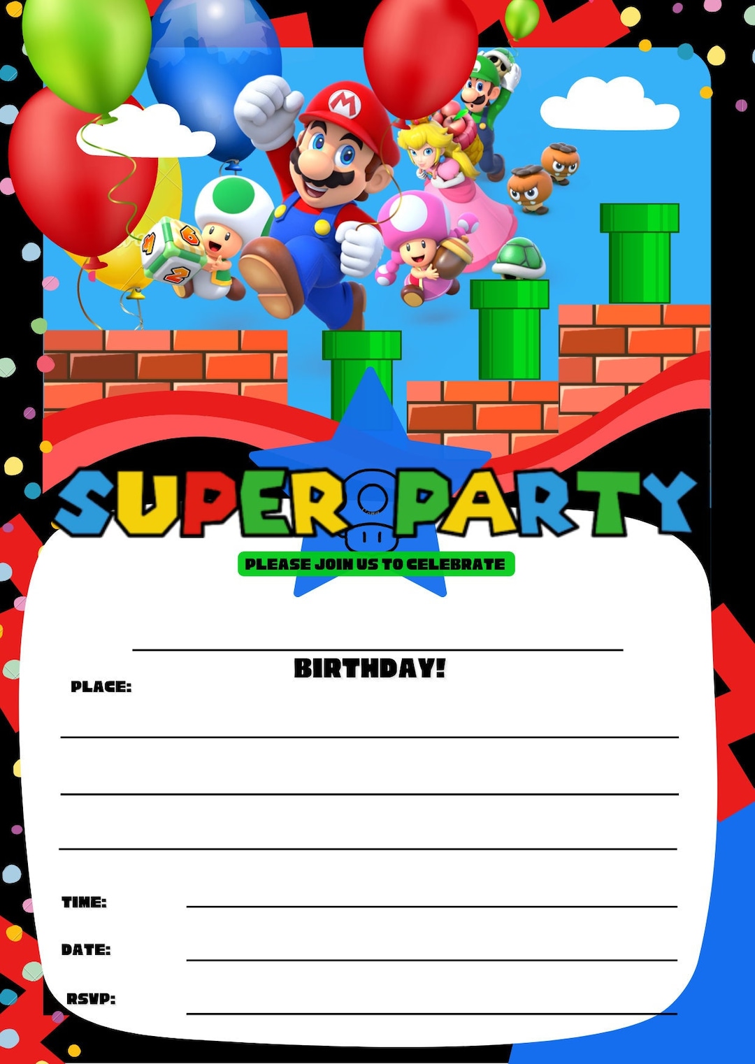 Super Party Mario Theme Birthday Party Invitation. Printable Digital Download. - Etsy super-party-mario-theme-birthday-party-invitation-printable-digital-download-etsy