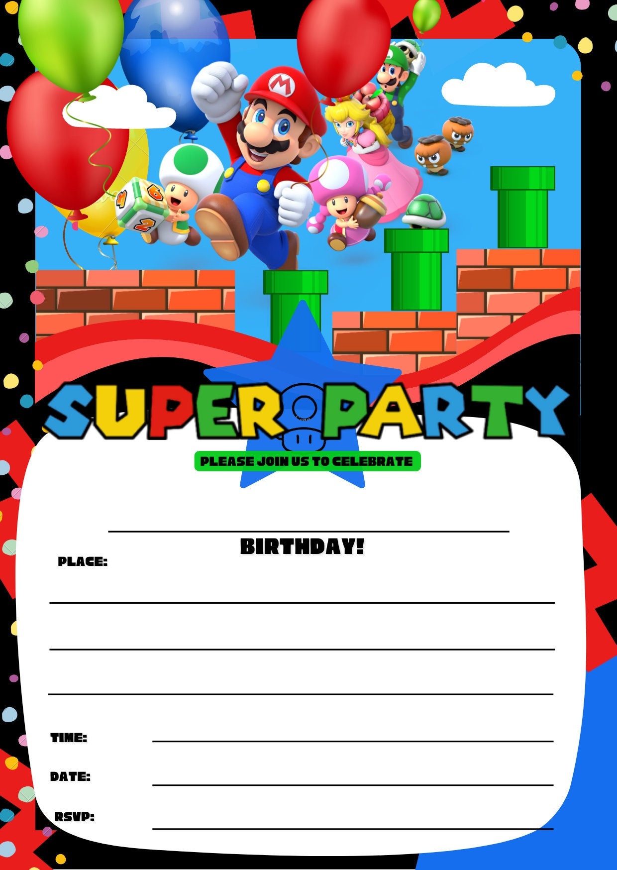 Super Party Mario Theme Birthday Party Invitation. Printable Digital  Download. 