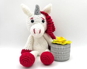 Peluche licorne au crochet - Peluche faite main avec crinière rouge - Cadeau pour les enfants et les amateurs de licornes