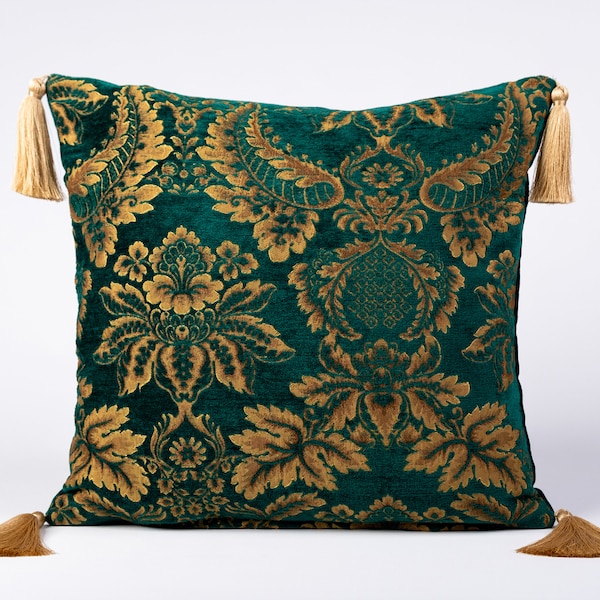 Textured Weaving Green Acanthus Pattern Pillowcase with Tassels, Baroque Pattern, Gilded Fabric Fringes, Viscose Fabric Cushion Cover