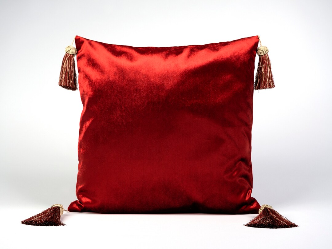 Red Velvet Pillowcase with Tassels, Metallic Velvet Pillow Slip