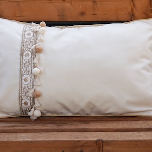 Capa de almofada texturizada 100% algodão bege com bordas, bordada com ornamentos, capa de almofada estilo boho, fronha