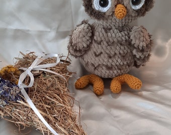 Owl, crocheted, amigurumi, handmade, chenille yarn, plush toy, stuffed animal, cuddly toy