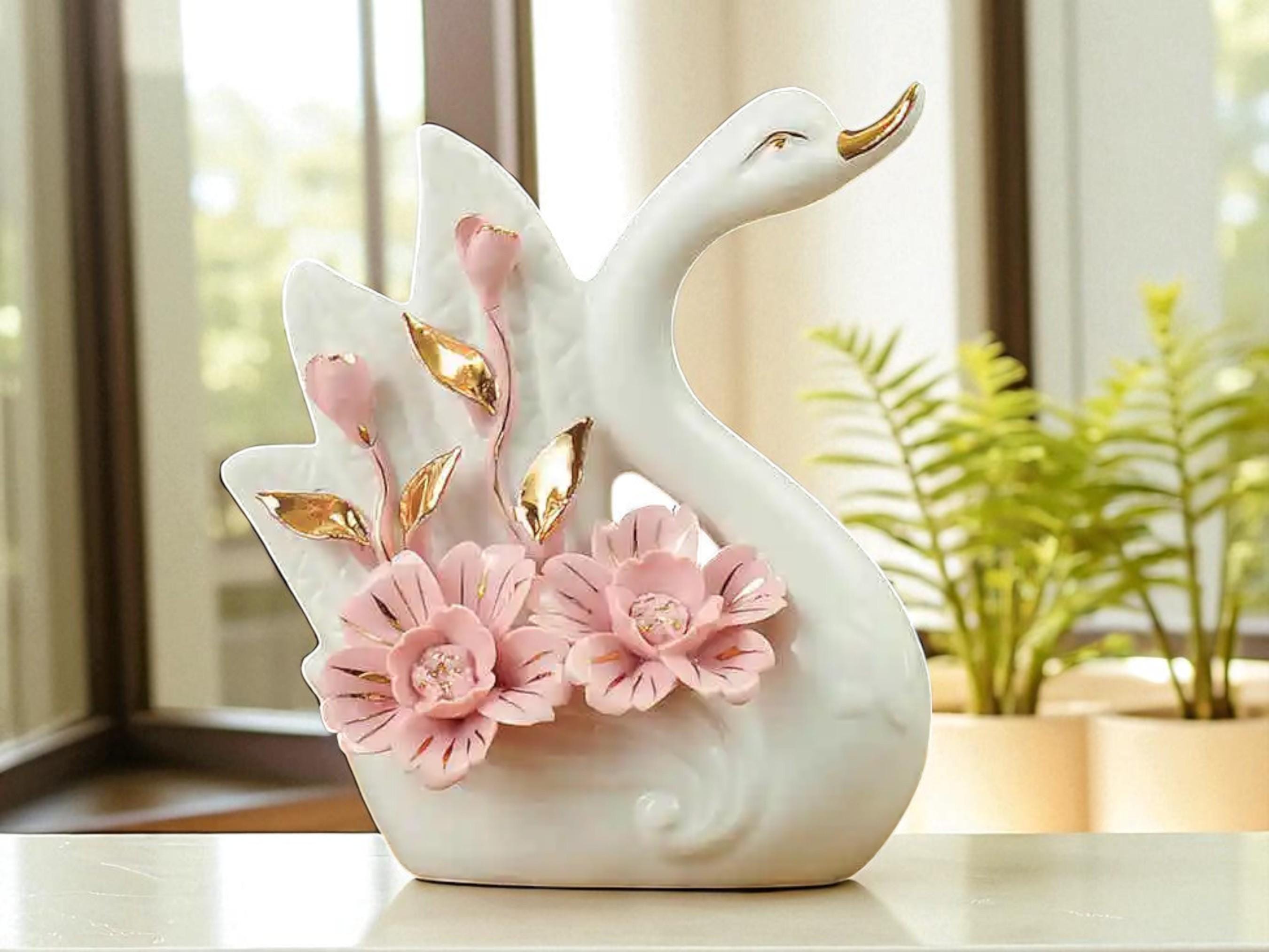 陶器製白鳥の置物、エレガントな室内装飾、結婚祝いギフト（ペア