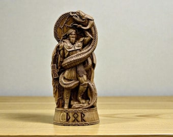 Nordic God Resin Statue with Serpent Mythology Viking Altar Decor Collectible Tabletop Sculpture