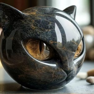May include: A black marble cat sculpture with golden-yellow eyes. The cat's head is round with pointed ears and a smooth, polished surface. The sculpture is a decorative item.