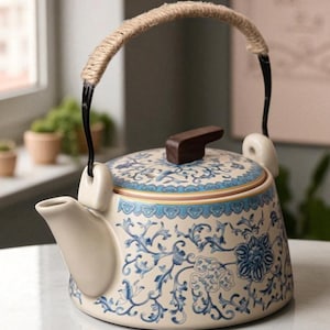 Ru Kiln Blue White Teapot, Handmade Ceramic Teapot with Handle, Vintage Chinese Tea Pot, Kung Fu Tea Set, Tea Infuser