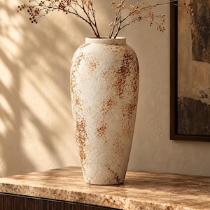 Large Textured Ceramic Vase, Aged White Pottery, Organic Modern Decor