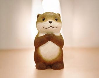 Hand Carved Wooden Otter Figurine Solid Wood Animal Sculpture Desk Decor Gift