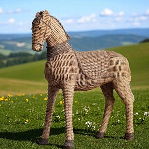 Escultura de caballo de resina: figura decorativa de animal con textura de ratán para el hogar, la oficina o la decoración rústica de una casa de campo.