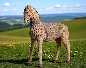 Puede incluir: Una estatua decorativa de caballo de mimbre se alza en un campo de hierba. El caballo está hecho de mimbre tejido de color marrón claro, con un detalle similar a una silla de montar y una melena trenzada. El fondo presenta colinas verdes y un cielo azul.