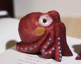 Hand Carved Blue Ring Octopus Wooden Figurine Marine Desk Decor Handmade Ocean Animal Sculpture