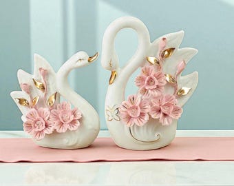 Ceramic Swan Figurines, Elegant Home Decor, Wedding Gift (Pair)