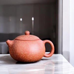 Può includere: Una teiera in terracotta rossa con una finitura macchiettata. La teiera ha un corpo rotondo e un beccuccio corto. Ha un coperchio con un piccolo pomo in cima.