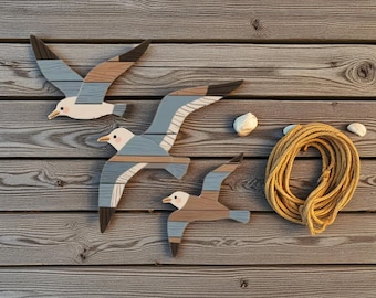 Wooden Seagull Wall Decor (3 Pcs) - Rustic Farmhouse Flying Gull Art