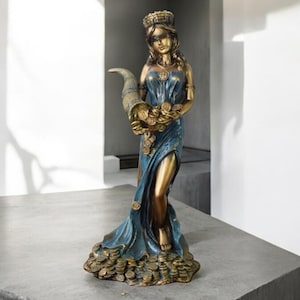 Vintage Fortuna Statue: Roman Goddess of Luck, Blue Resin Sculpture