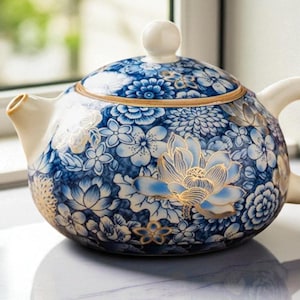 Op de afbeelding: Een keramische theepot met een wit handvat en tuit, en een bijpassend deksel. De theepot is versierd met een blauw-wit bloemmotief, met gouden accenten. De theepot staat op een wit oppervlak.