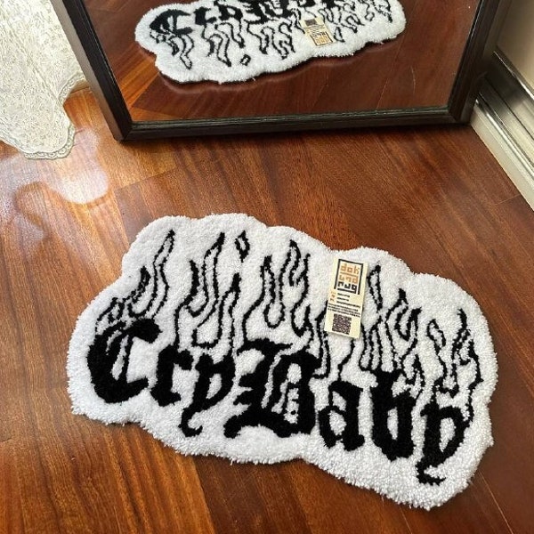 CRY BABY RUG / Handgefertigter Teppich, handgestickter Feuer- und Schreibaby-Teppich, schwarz-weiß, Schlafzimmerdeko, Geschenkidee, Wanddekoration