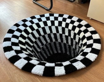OPTICAL ILLUSION RUG / handmade fluffy rug, different sizes, black and white illusion rug, soft accent tufted rug