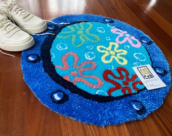 SPONGEBOB WINDOW RUG, different sizes square pants sponge bob accent rug, soft and fluffy rug, handmade circle rug, decorative rug