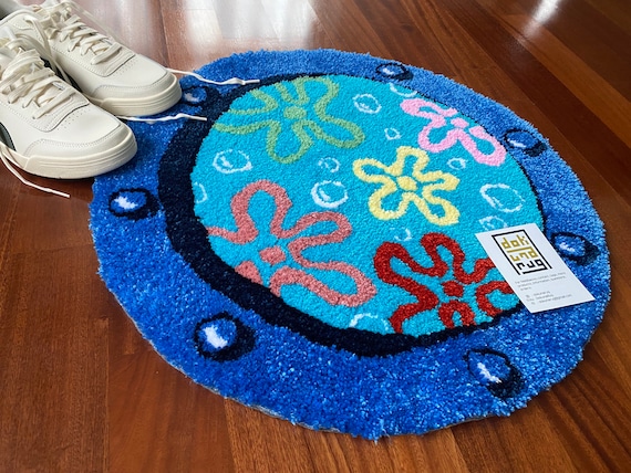 SPONGEBOB WINDOW RUG, different sizes square pants sponge bob accent rug, soft and fluffy rug, handmade circle rug, decorative rug
