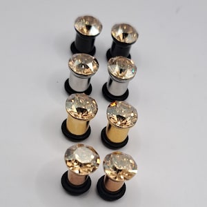 Crystal gauges, gold, plugs, earrings, diamond, tunnels 2g(6mm), 4g(5mm), 6g(4mm), 8g(3mm), 10g(2.5mm), 12g(2mm), 14g (1.6mm) in 316L