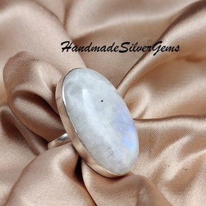 Natural Rainbow Moonstone Ring, Blue Fire Moonstone Ring, Handmade Ring, 925 Sterling Silver, Gift for her, Promise Ring, Anniversary Ring