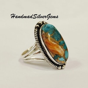 Handmade Oyster Turquoise 925 Sterling Silver Ring, Boho Statement Ring