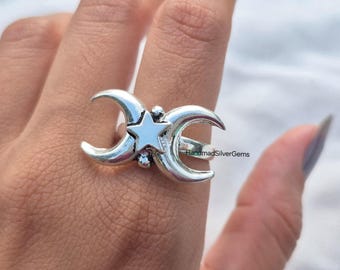 Sterling Silver Moon and Star Ring: Handmade Celestial Boho Jewelry