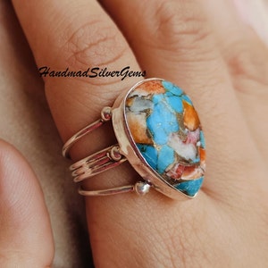 Oyster Turquoise Ring, Copper Turquoise Ring, 925 Sterling Silver Ring, Handmade Three Band Oyster Ring, Ring for Women, Promise Ring.