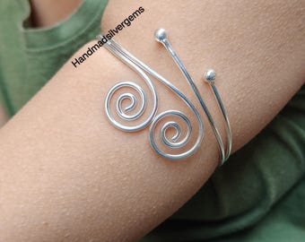 Handmade Double Spiral Arm Cuff | Adjustable Silver Upper Arm Bracelet