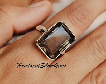 Smoky Quartz Ring, 925 Silver Sterling Ring, Gemstone Ring, Smoky Quartz Jewelry, Pretty Ring, Square Shape Stone Ring, Gemstone Wide Ring.