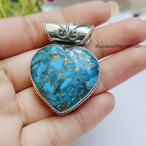 Blue Copper Turquoise Pendant, 925 Sterling Silver Pendant, Women Pendant, Statement Pendant, Heart Shape Pendant, Christmas Gifts,Jewellery