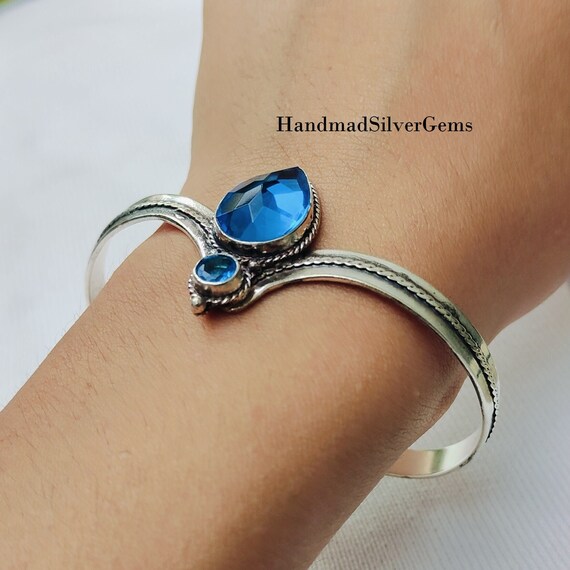 ブルートパーズ スターリングシルバー カフバングル、調節可能な宝石