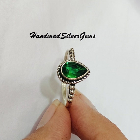 Handmade Emerald Ring, 925 Sterling Silver, Boho Hippie Style