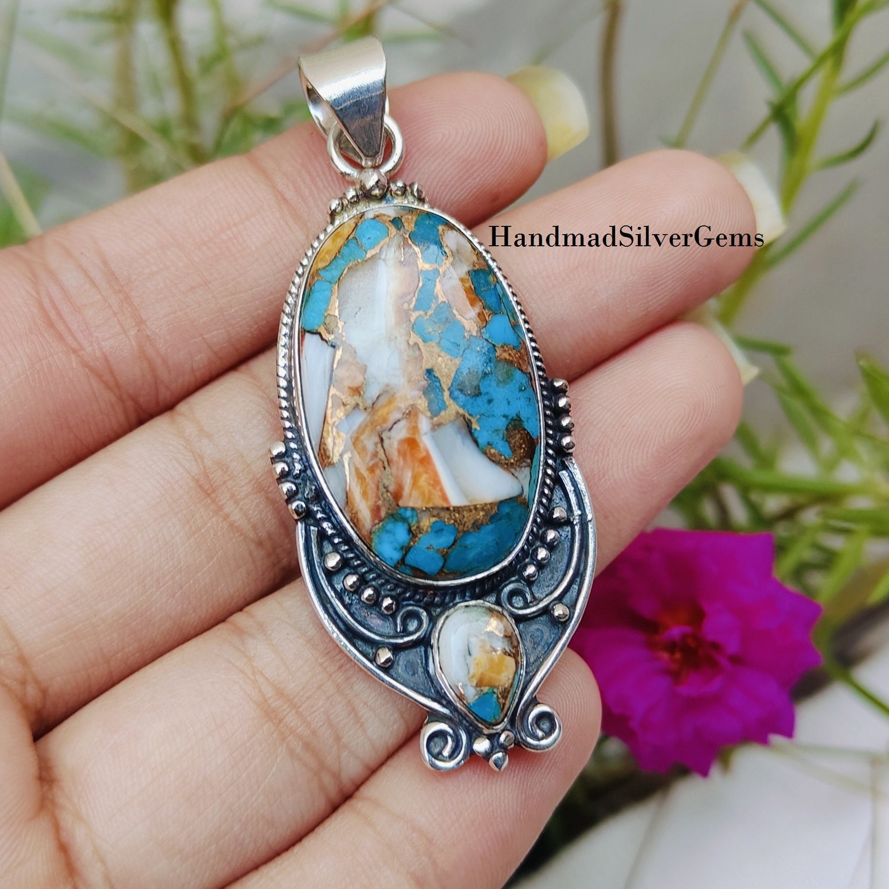 オイスターコッパーターコイズペンダント、925スターリングシルバー