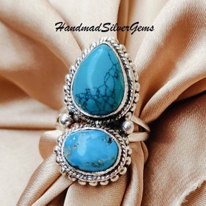 Anillo bohemio de plata de ley con dos piedras turquesas