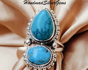 Sterling Silver Two Stone Turquoise Ring, Boho Band