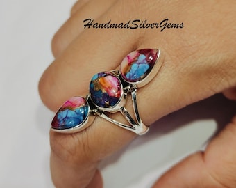 Pink Oyster Turquoise Ring, 925 Sterling Silver Ring, Pink Dahlia Turquoise Ring, Women Ring, Pretty Ring, Three Stone Ring, Gift For Love.