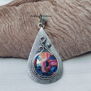 Pink Oyster Turquoise Necklace, Handmade Silver Pendant, 925 Sterling Silver,Designer Pendant,Big Turquoise Pendant,Simple Turquoise Pendant