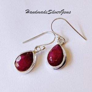 Ruby Earrings, Handmade Jewelry, 925 Sterling Silver, Dangle drop Ruby Earrings, Silver Earrings, Birthday Gifts, Gift for her, Gift for her