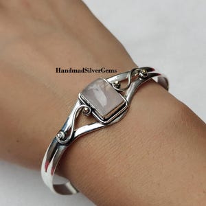 Rose Quartz Bangle, 925 Sterling Silver, Handmade Bangle, Unique Gift, Party Wear Gift, Birthday Gift, Rose Quartz Jewelry, Gemstone Bangle.
