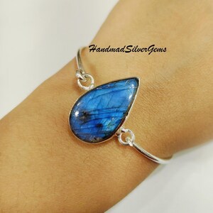 Blue Fire Labradorite Bangle, 925 Sterling Silver, Labradorite Jewellery, Blue Fire Bangle, Pretty Bangle, Gift For Love, Handmade Bangle.