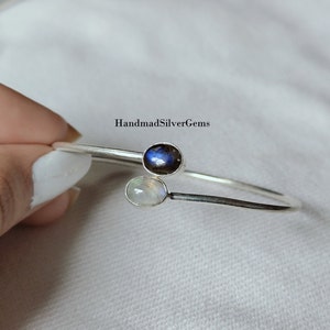 Labradorit verstellbarer Armreif, 925er Silber Armband, schöner Mondstein Armreif, Edelstein Armreif, Labradorit Mondstein Armband Geschenk für die Liebe